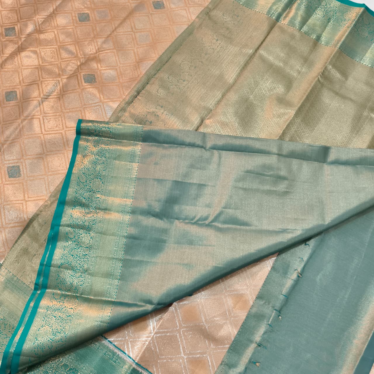 Semi Kanchipuram Brocade Tissue Silk Saree- Ivory Gold with Teal Green Contrast