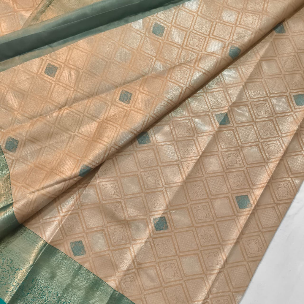 Semi Kanchipuram Brocade Tissue Silk Saree- Ivory Gold with Teal Green Contrast
