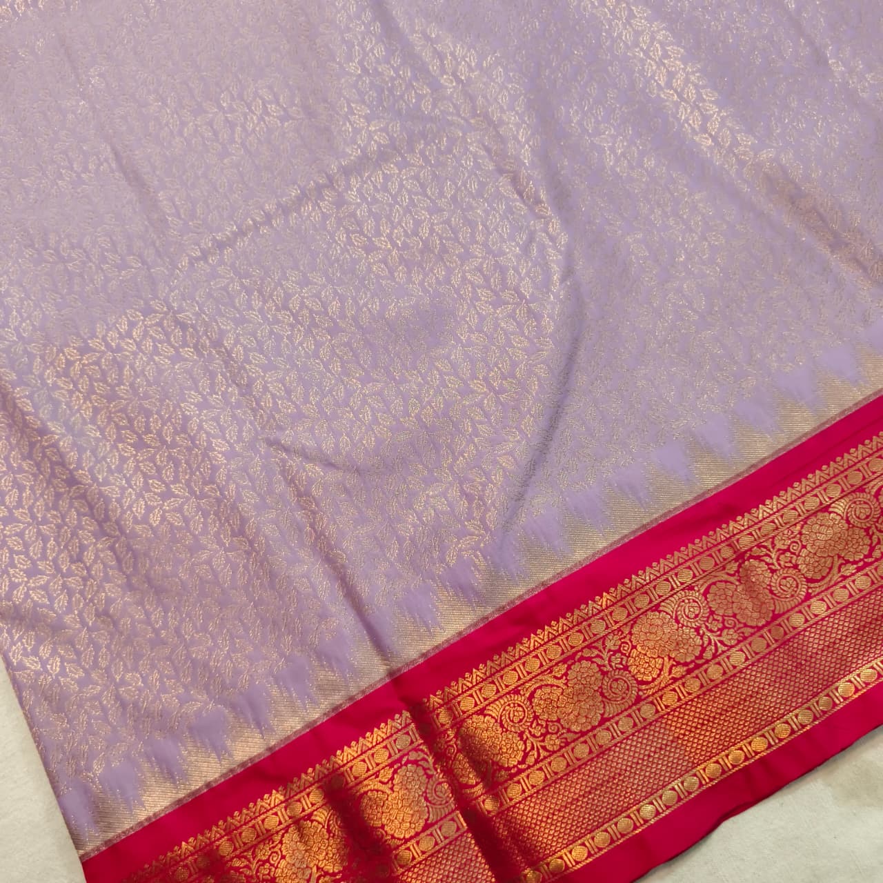 Semi Kanchipuram Brocade Silk Saree- Lavender with Rani Pink