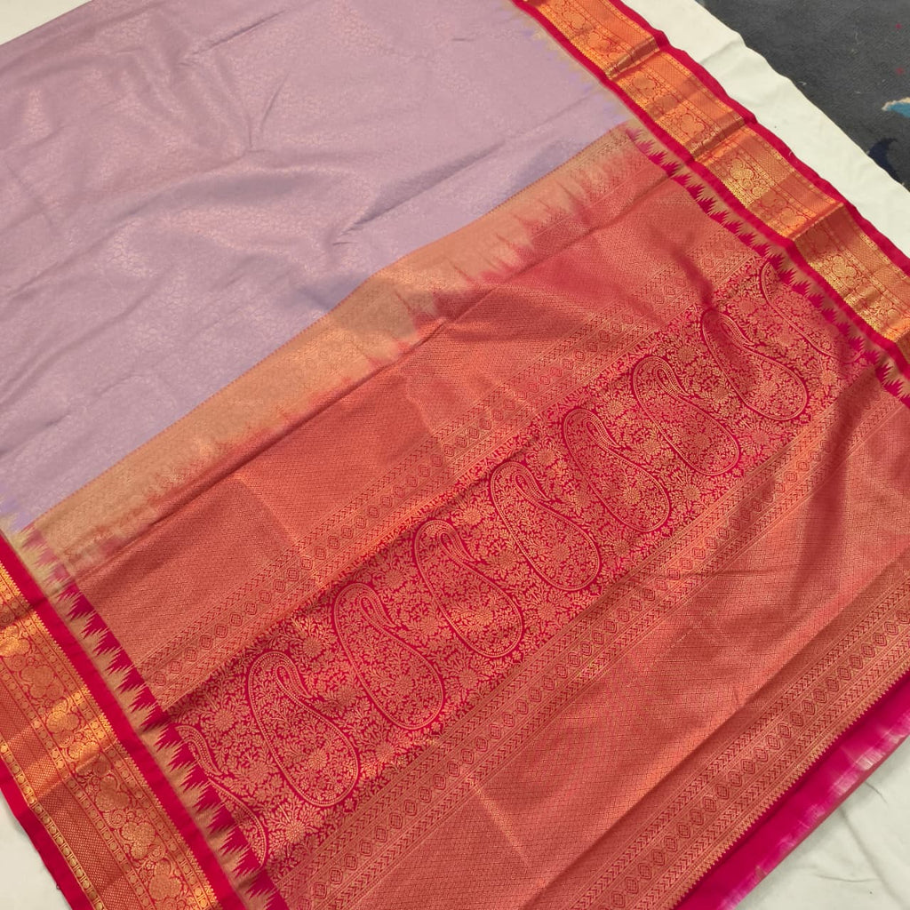 Semi Kanchipuram Brocade Silk Saree- Lavender with Rani Pink