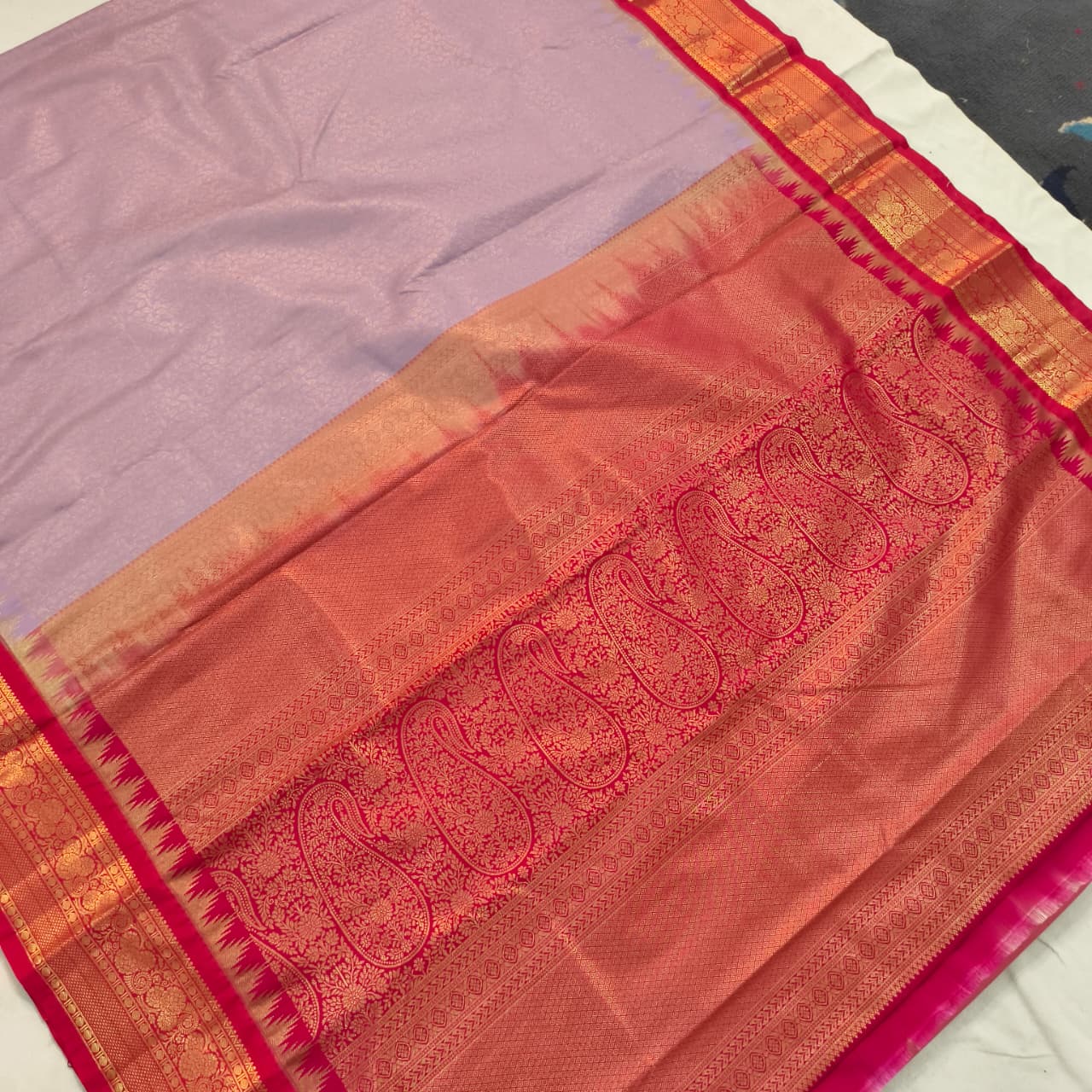Semi Kanchipuram Brocade Silk Saree- Lavender with Rani Pink