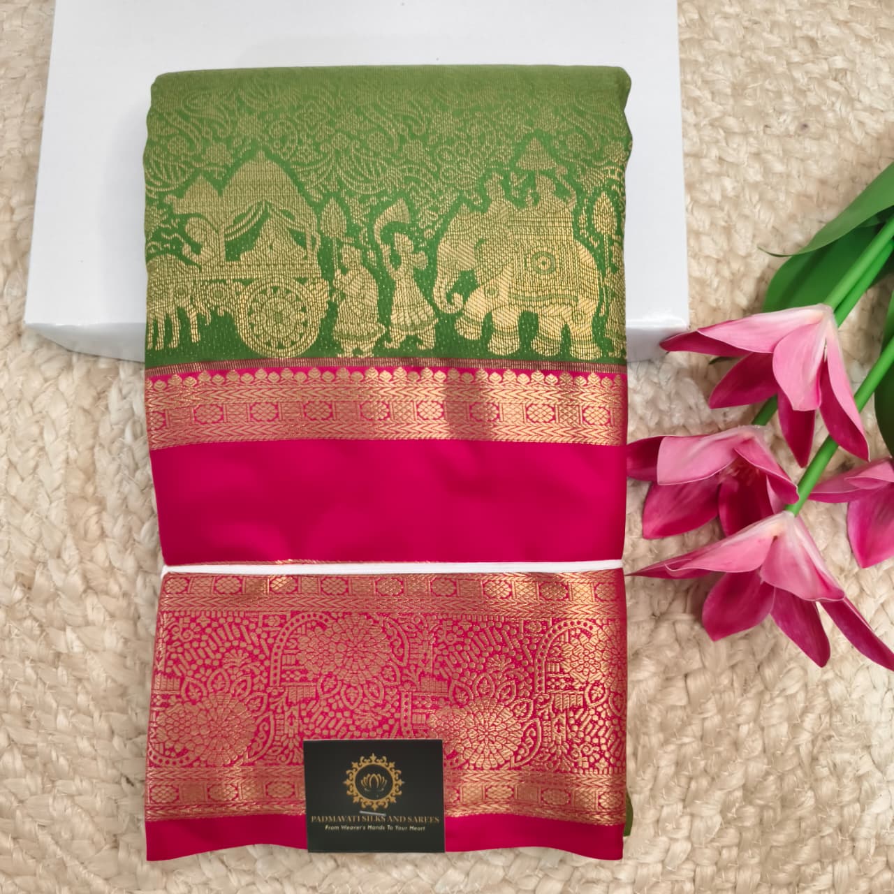 Semi Kanchipuram Brocade Silk Saree-Green and Rani Pink