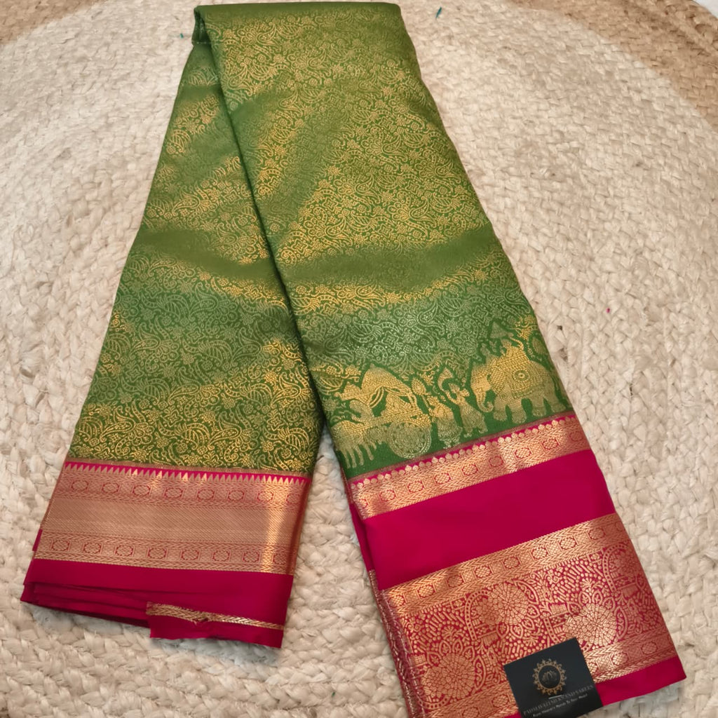 Semi Kanchipuram Brocade Silk Saree-Green and Rani Pink