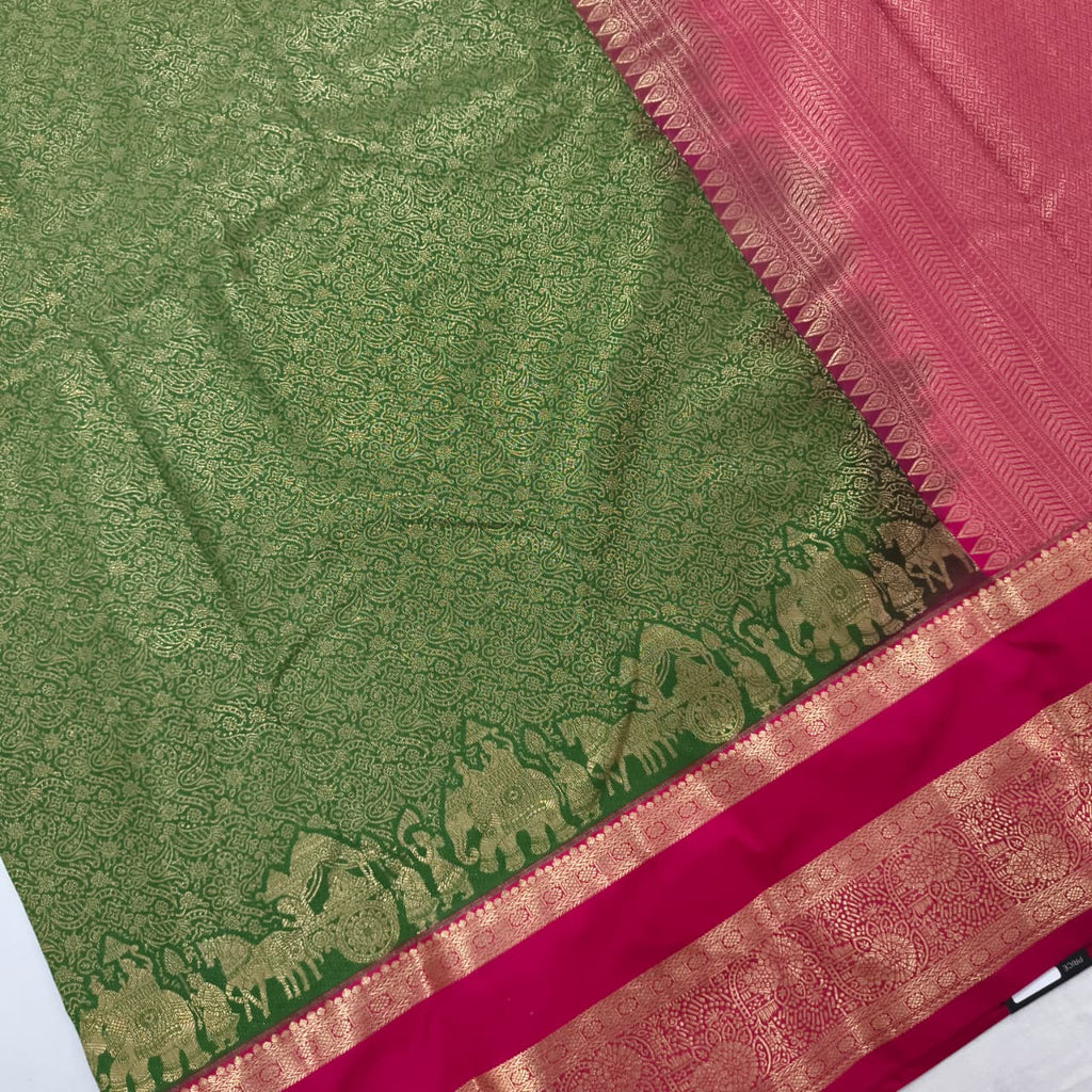 Semi Kanchipuram Brocade Silk Saree-Green and Rani Pink