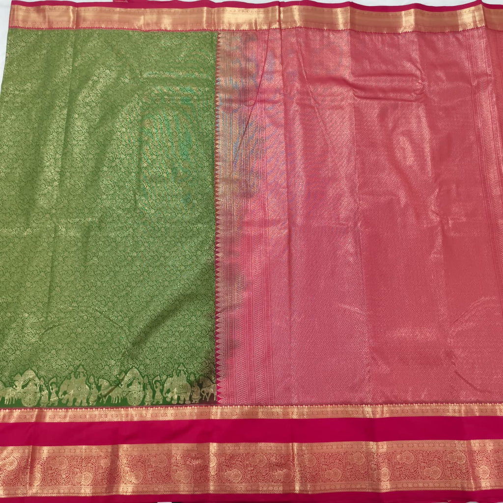 Semi Kanchipuram Brocade Silk Saree-Green and Rani Pink