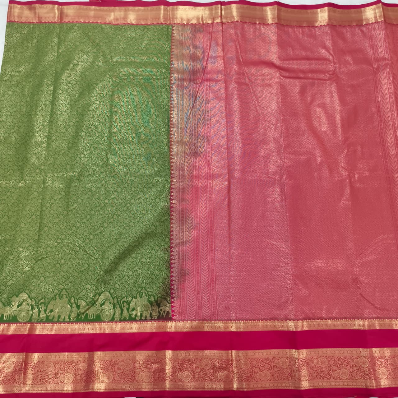Semi Kanchipuram Brocade Silk Saree-Green and Rani Pink