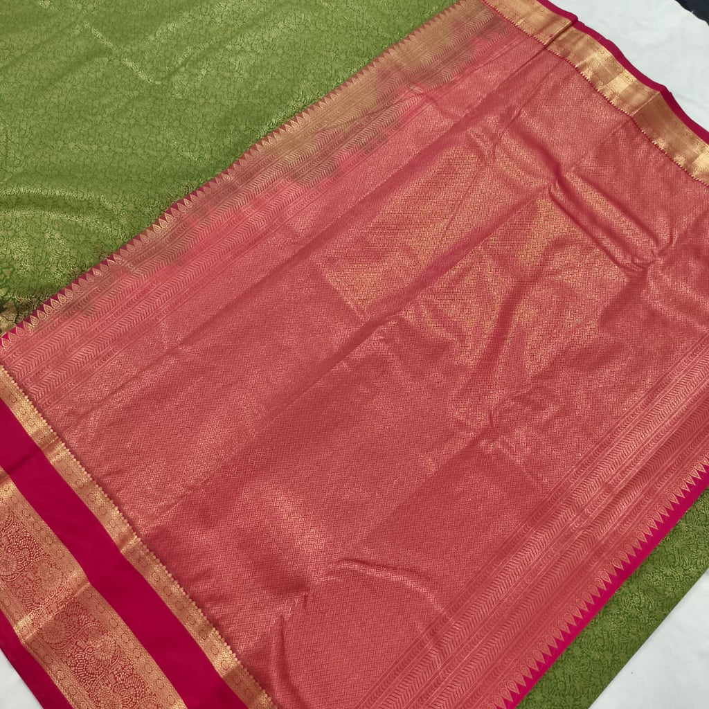 Semi Kanchipuram Brocade Silk Saree-Green and Rani Pink