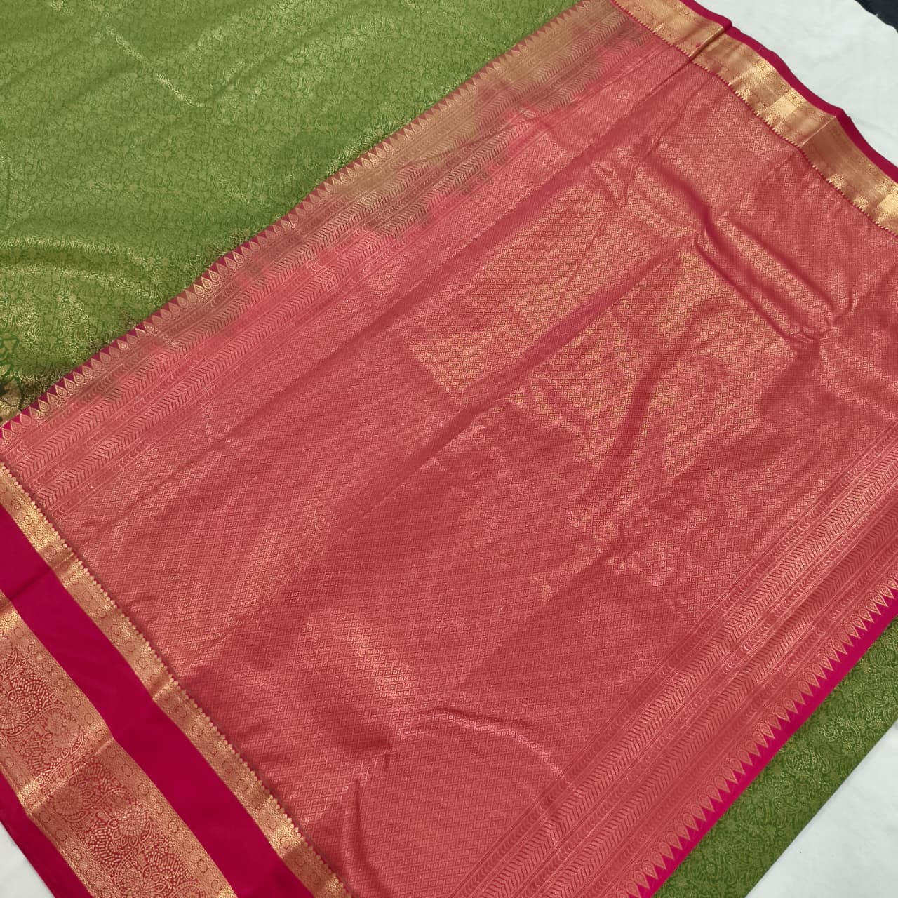 Semi Kanchipuram Brocade Silk Saree-Green and Rani Pink