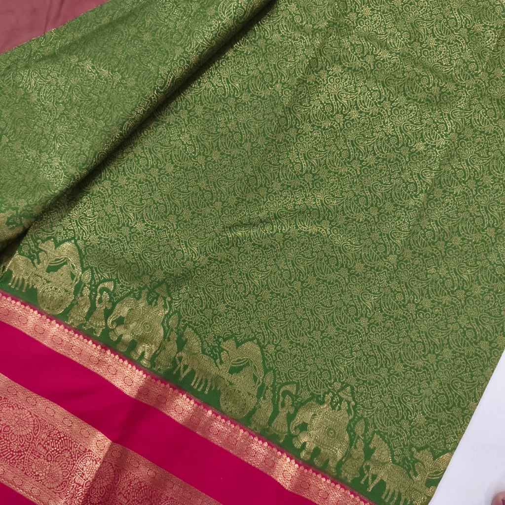 Semi Kanchipuram Brocade Silk Saree-Green and Rani Pink