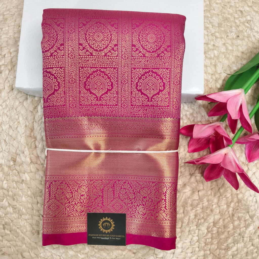 Semi Kanchipuram Brocade Silk Saree- Rani Pink