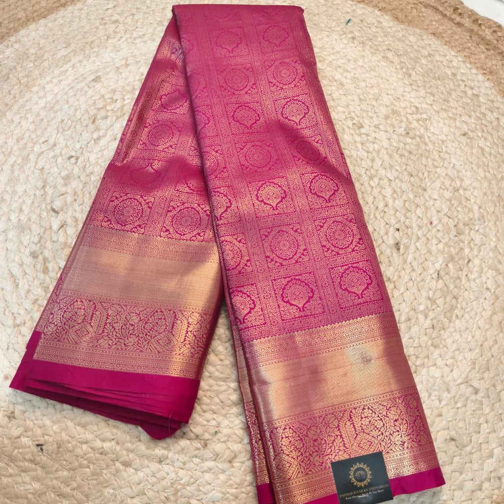 Semi Kanchipuram Brocade Silk Saree- Rani Pink