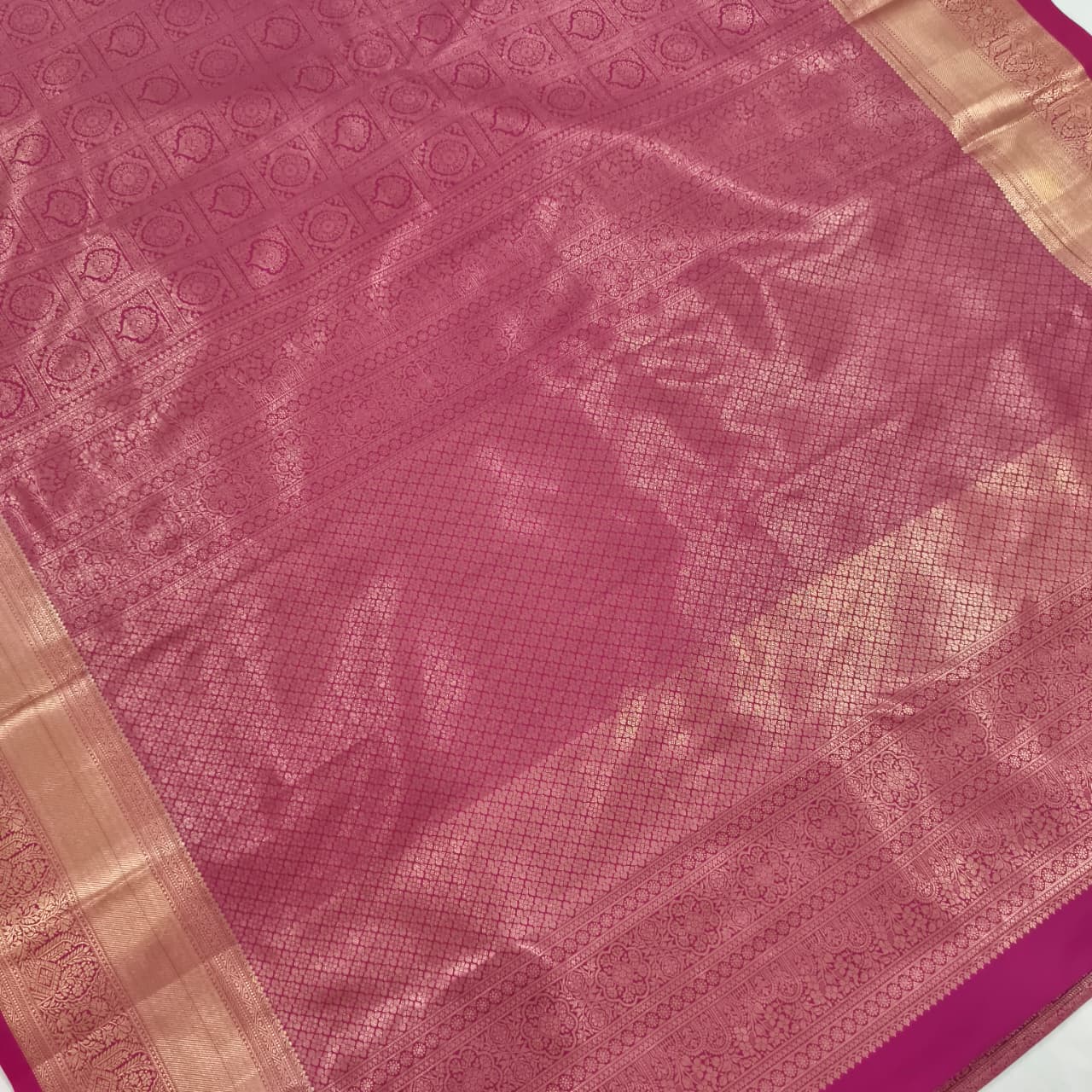 Semi Kanchipuram Brocade Silk Saree- Rani Pink