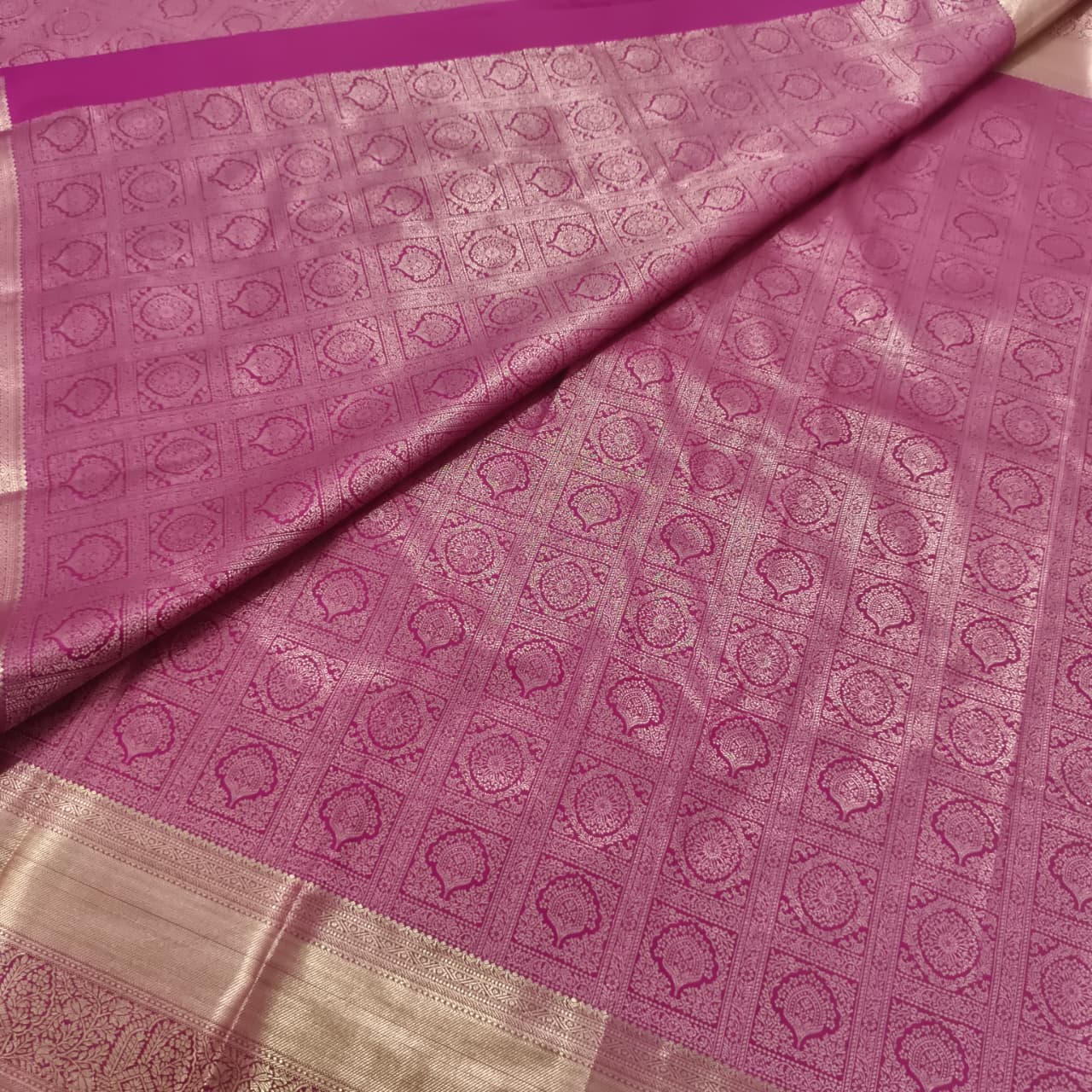 Semi Kanchipuram Brocade Silk Saree- Rani Pink