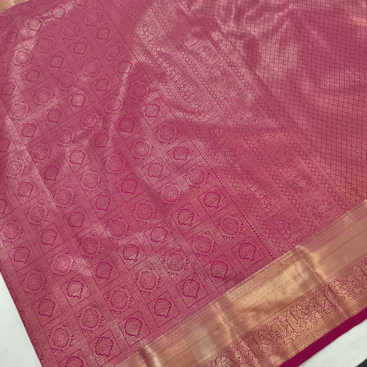 Semi Kanchipuram Brocade Silk Saree- Rani Pink