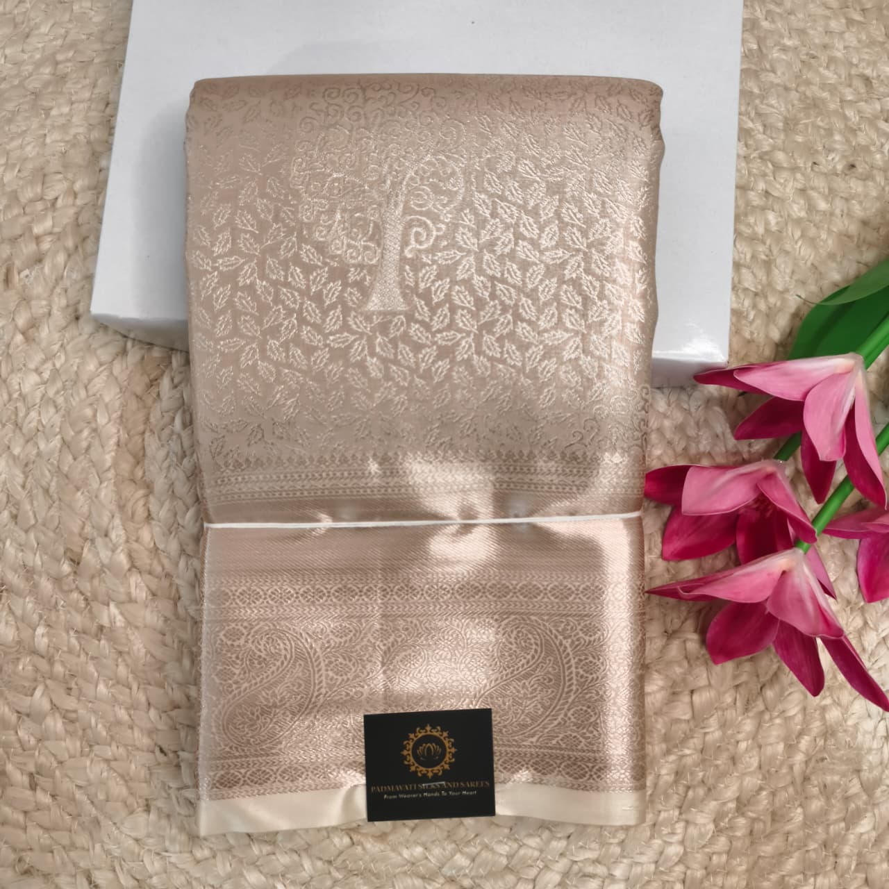 Semi Kanchipuram Brocade Silk Saree- Pearl Beige