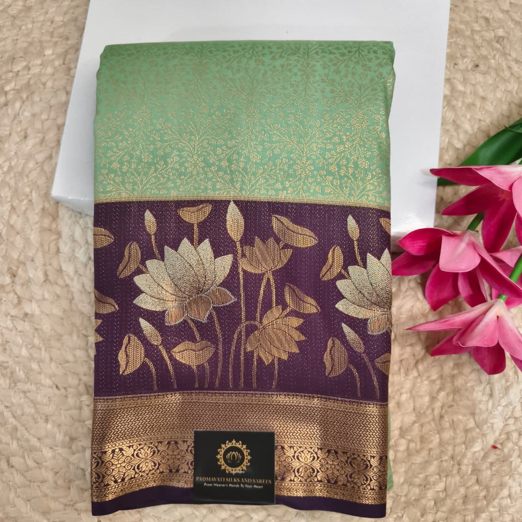 Semi Kanchipuram Brocade Silk Saree- Mint Green with Deep Wine