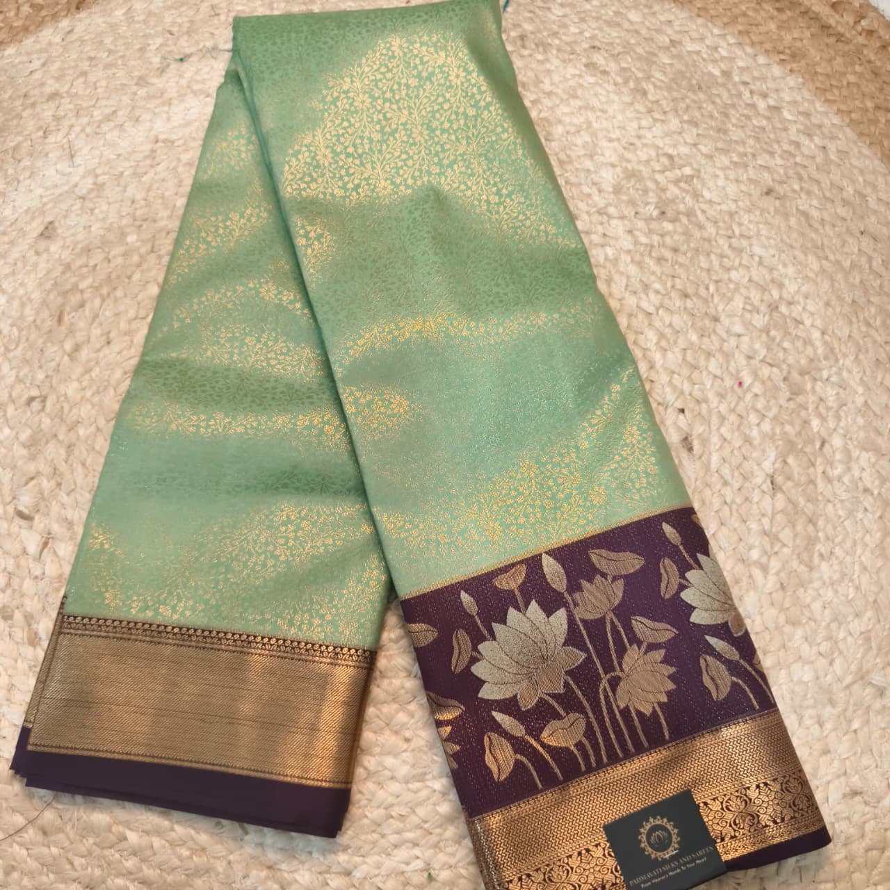 Semi Kanchipuram Brocade Silk Saree- Mint Green with Deep Wine