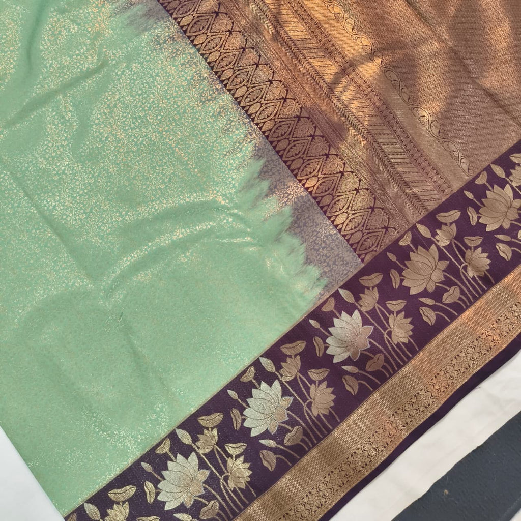 Semi Kanchipuram Brocade Silk Saree- Mint Green with Deep Wine