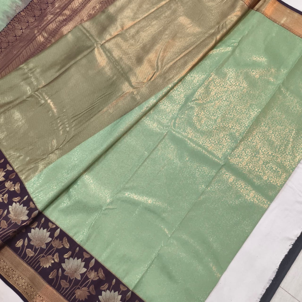 Semi Kanchipuram Brocade Silk Saree- Mint Green with Deep Wine