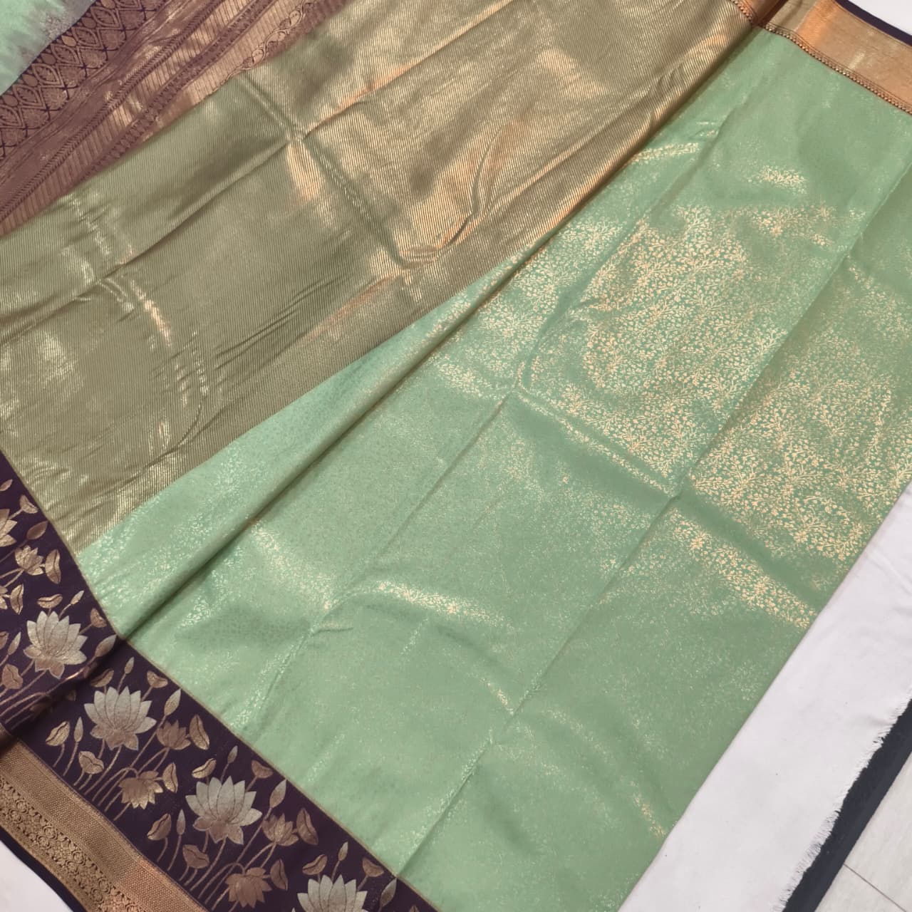 Semi Kanchipuram Brocade Silk Saree- Mint Green with Deep Wine