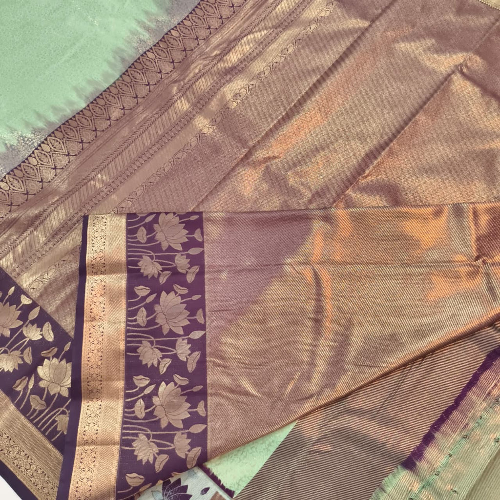 Semi Kanchipuram Brocade Silk Saree- Mint Green with Deep Wine
