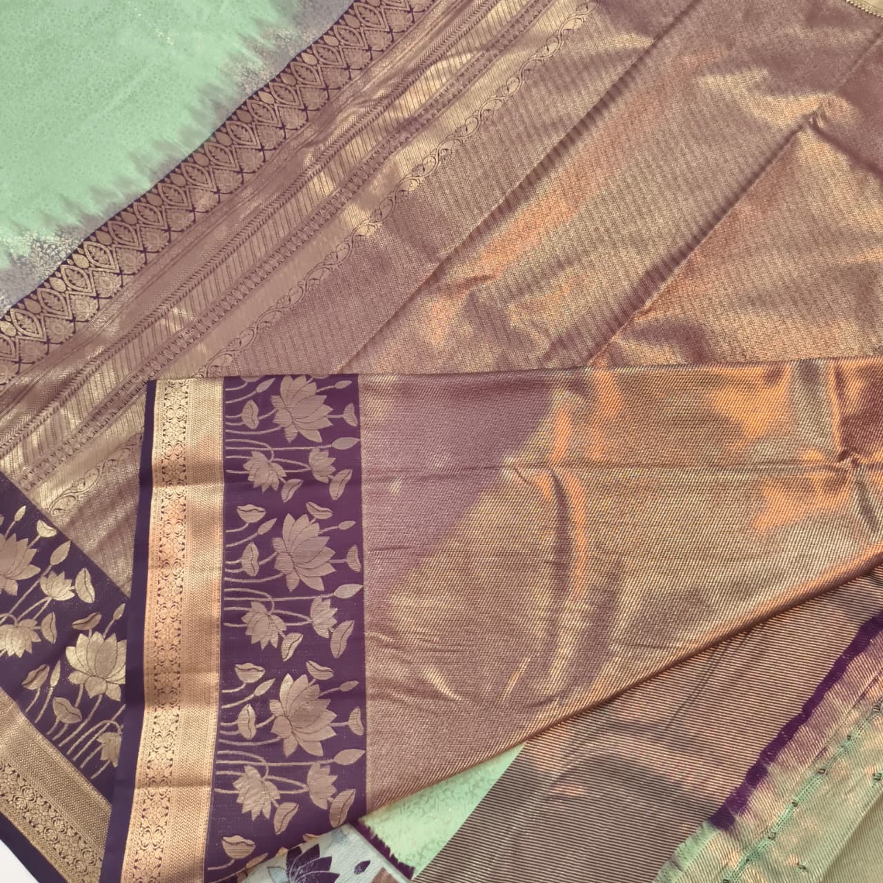 Semi Kanchipuram Brocade Silk Saree- Mint Green with Deep Wine
