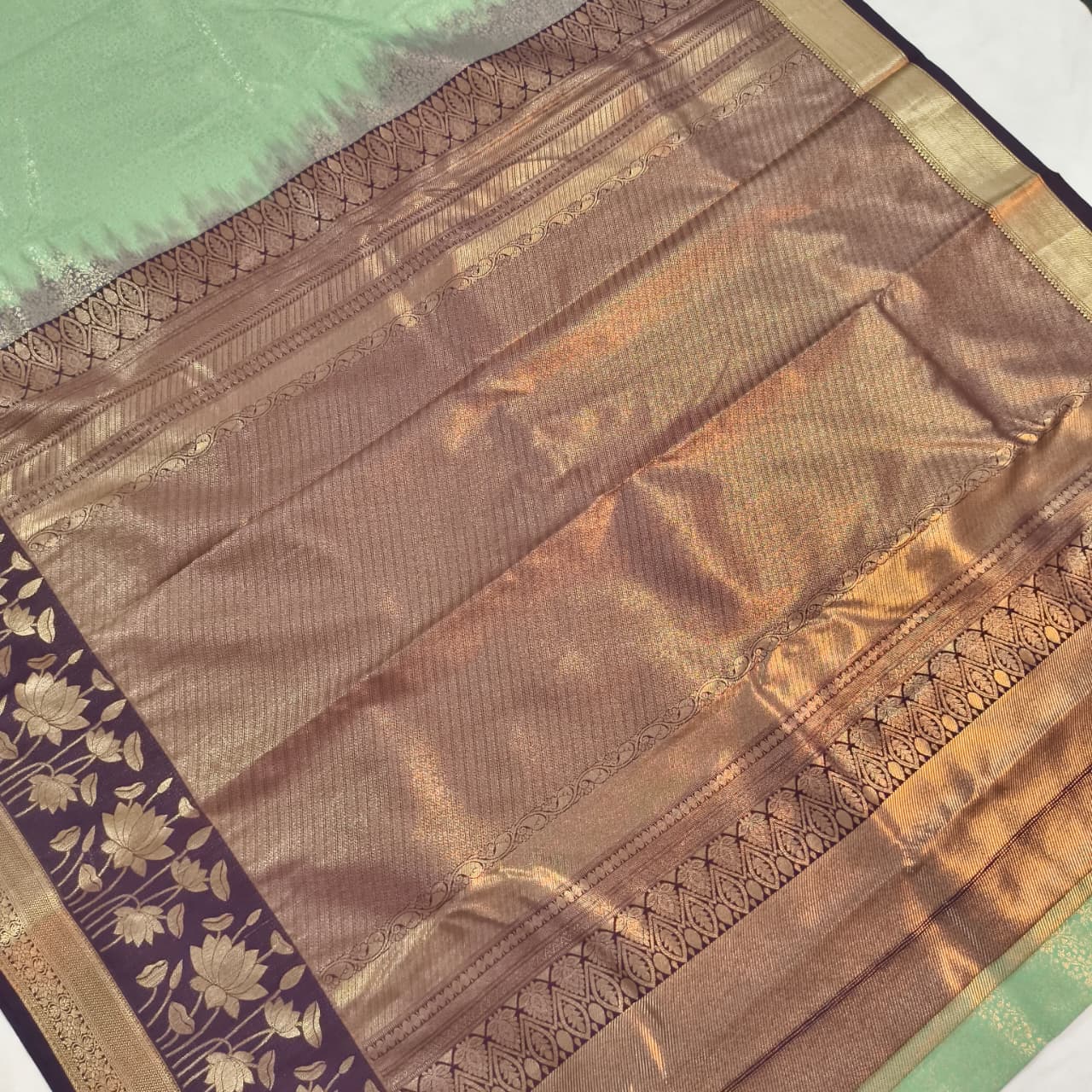 Semi Kanchipuram Brocade Silk Saree- Mint Green with Deep Wine