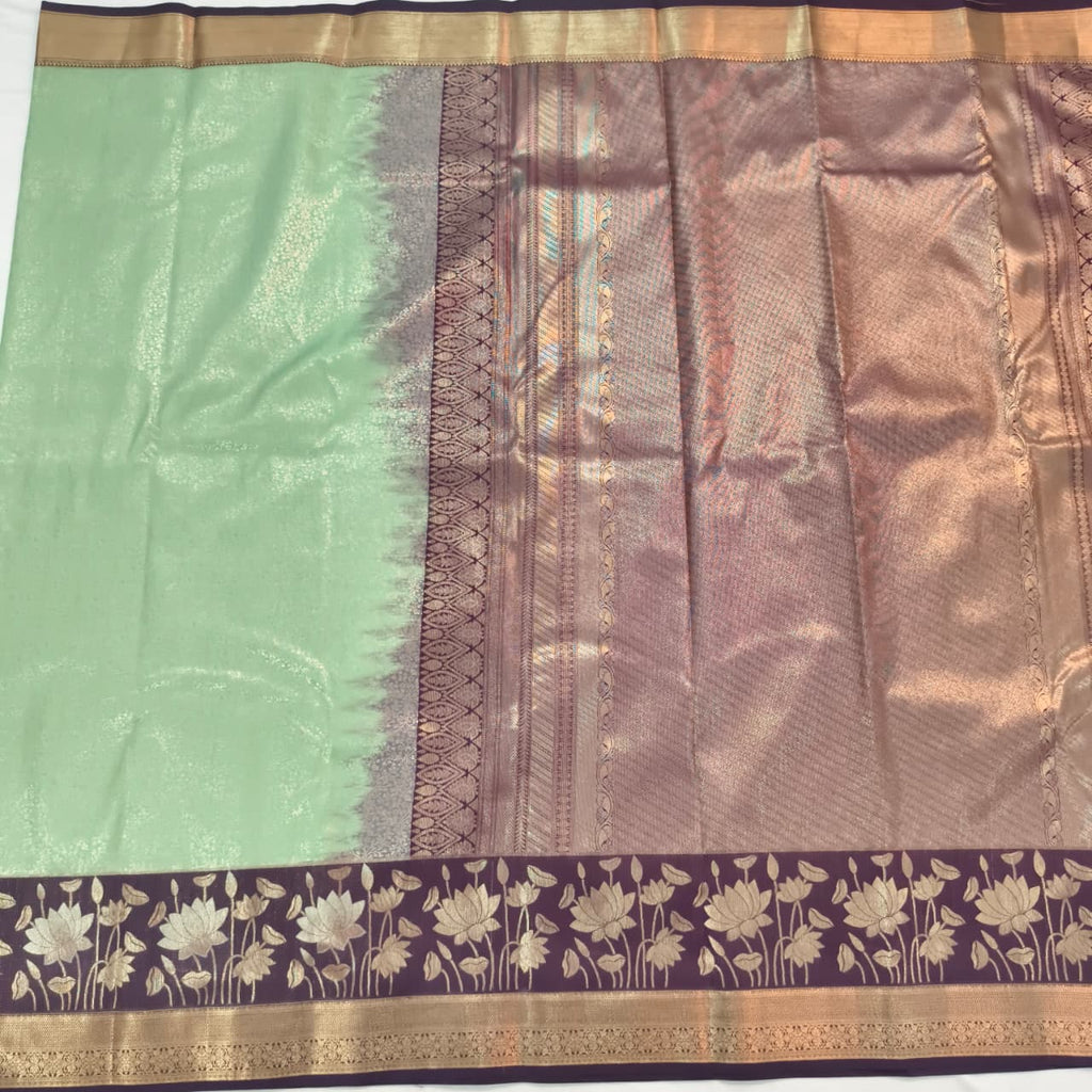 Semi Kanchipuram Brocade Silk Saree- Mint Green with Deep Wine