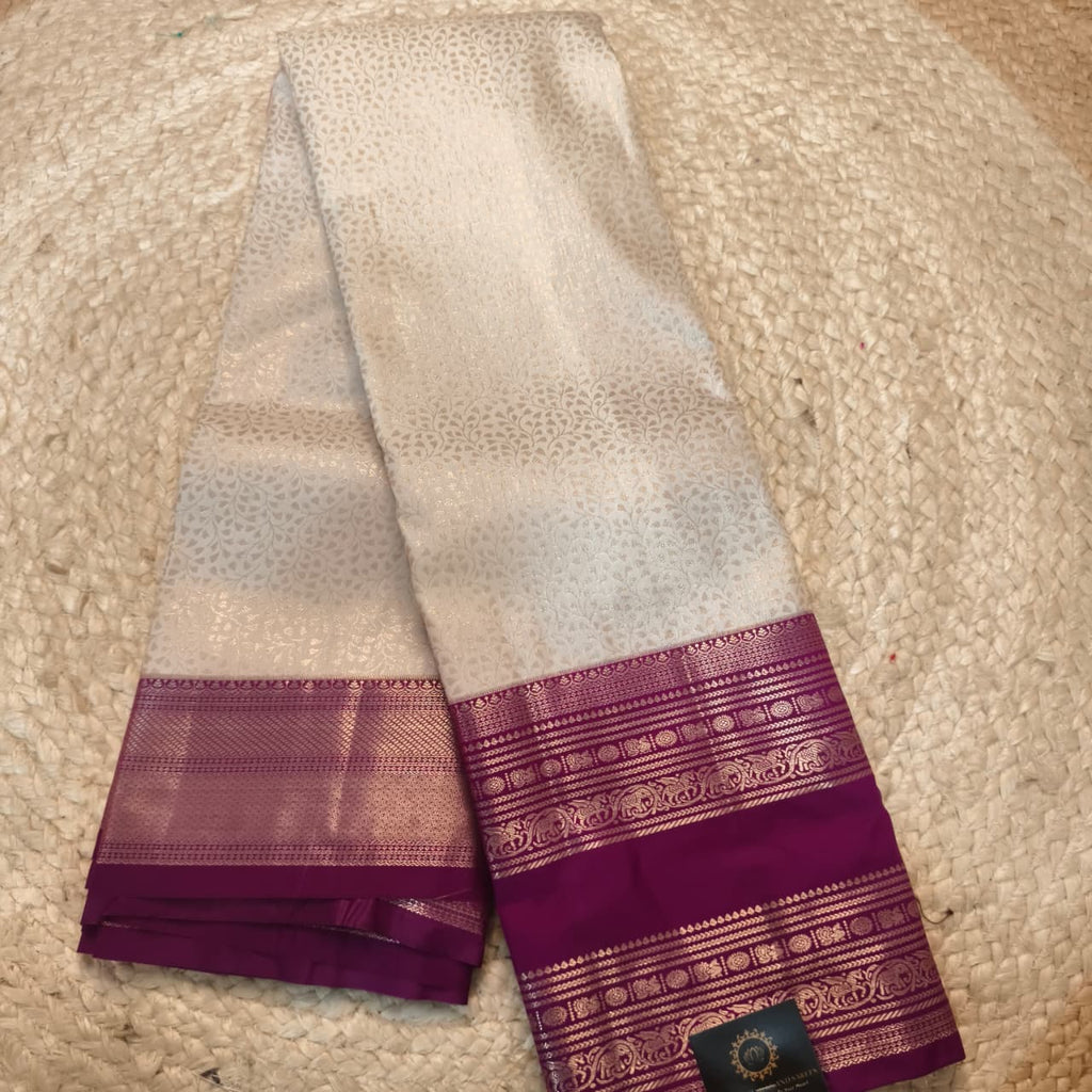 Semi Kanchipuram Brocade Silk Saree- Off White with Deep Magenta