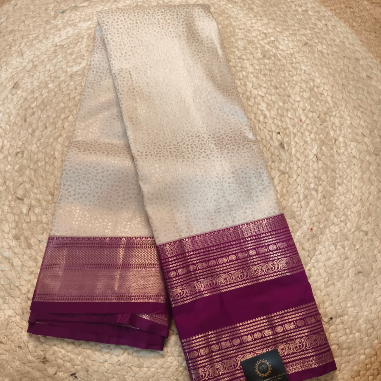Semi Kanchipuram Brocade Silk Saree- Off White with Deep Magenta