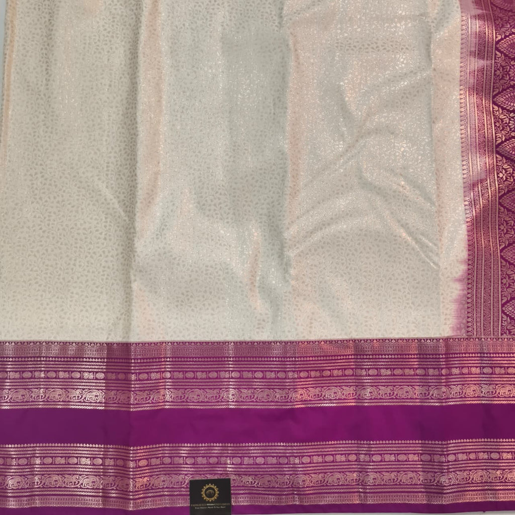 Semi Kanchipuram Brocade Silk Saree- Off White with Deep Magenta