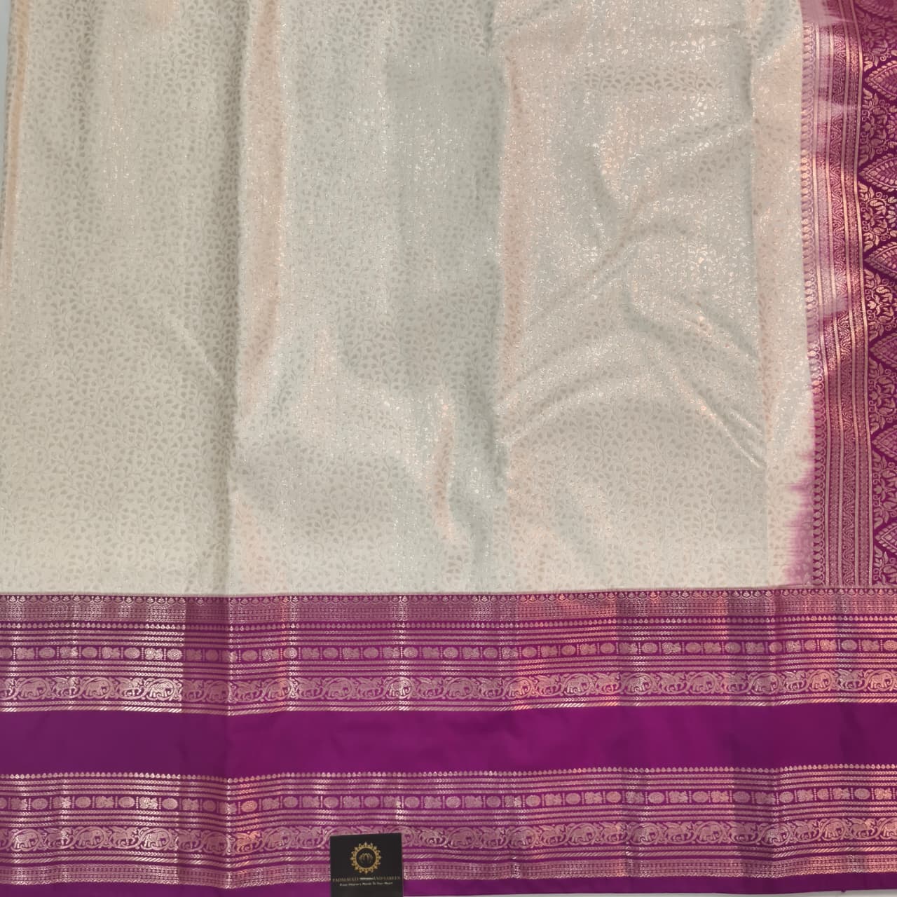 Semi Kanchipuram Brocade Silk Saree- Off White with Deep Magenta