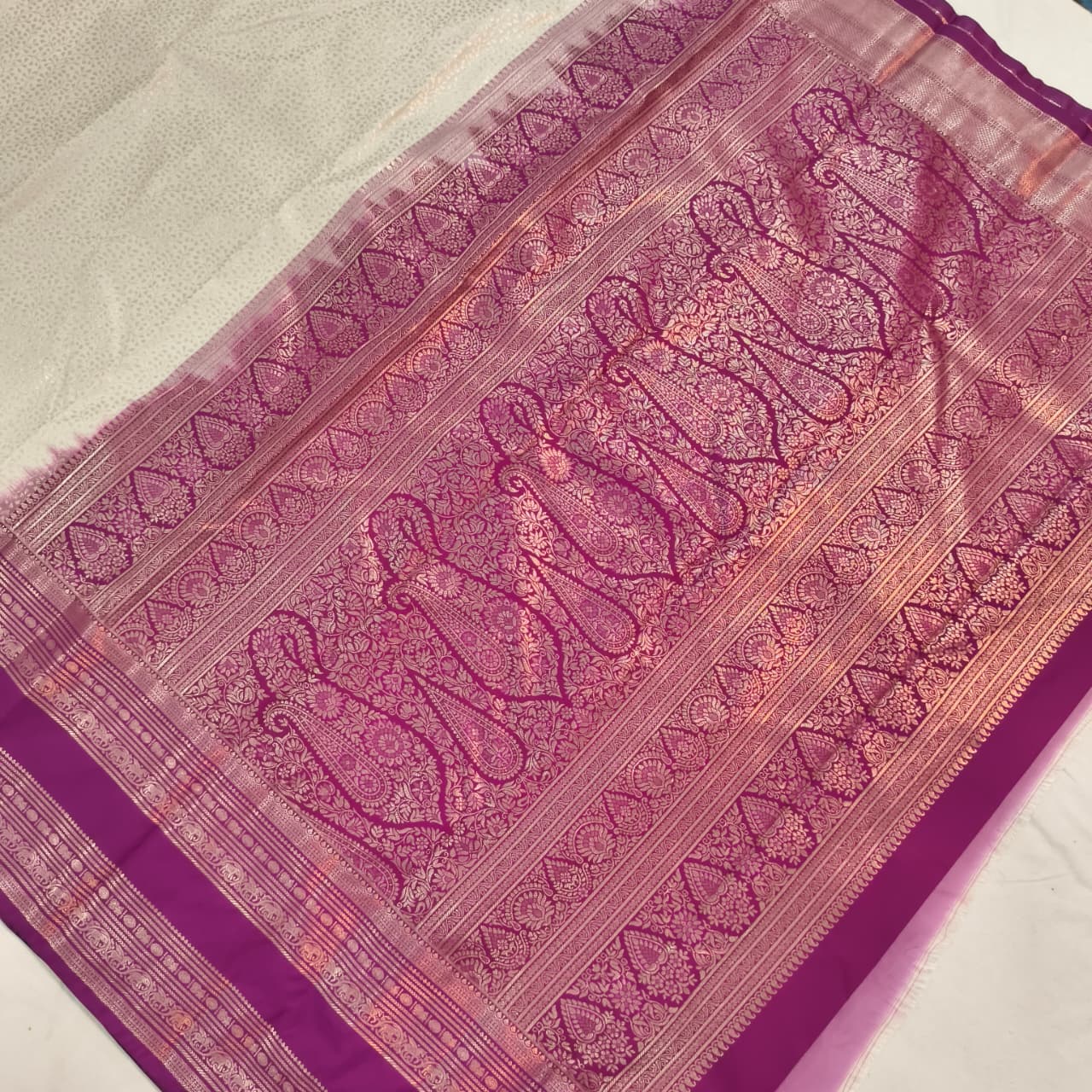 Semi Kanchipuram Brocade Silk Saree- Off White with Deep Magenta