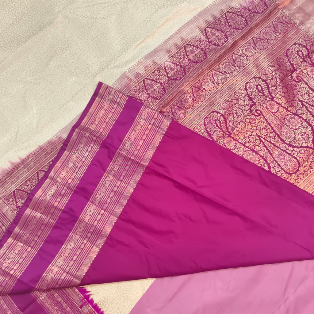 Semi Kanchipuram Brocade Silk Saree- Off White with Deep Magenta