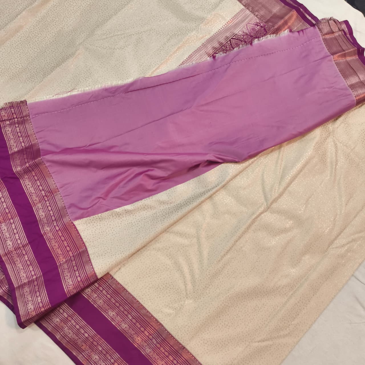 Semi Kanchipuram Brocade Silk Saree- Off White with Deep Magenta
