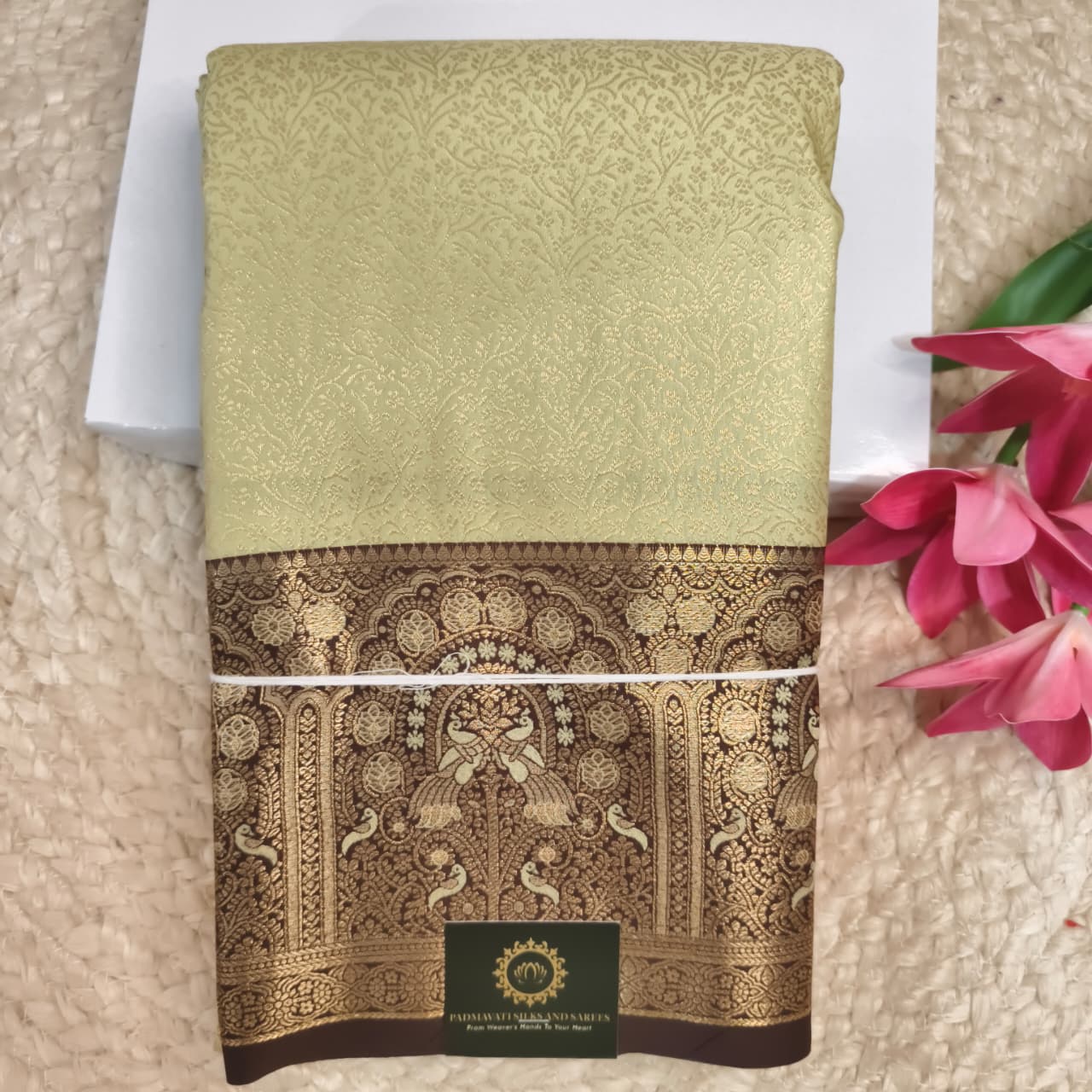 Semi Kanchipuram Brocade Silk Saree- Light Pista Green with Deep Chocolate