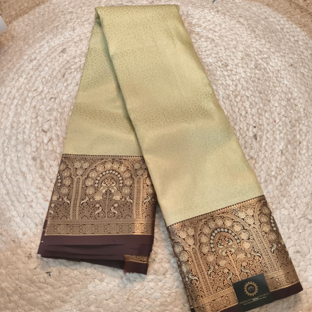 Semi Kanchipuram Brocade Silk Saree- Light Pista Green with Deep Chocolate