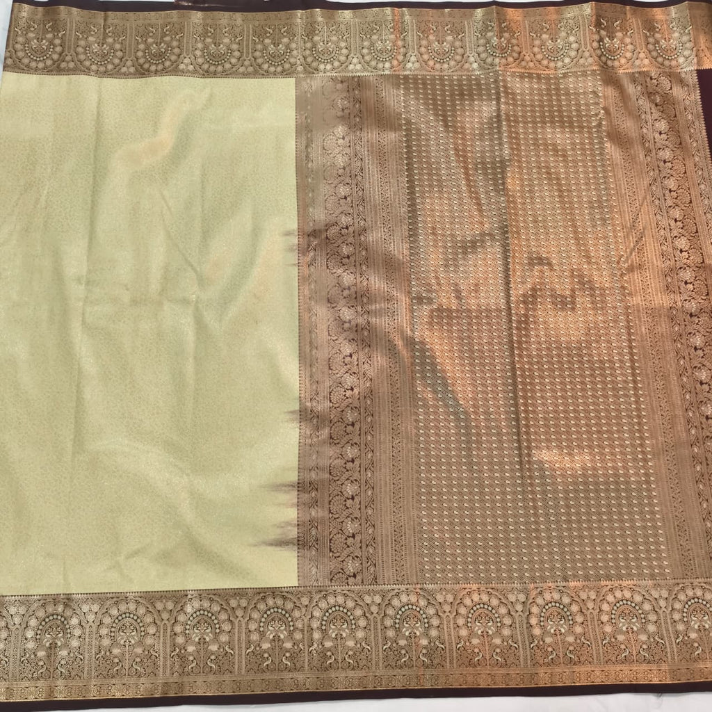 Semi Kanchipuram Brocade Silk Saree- Light Pista Green with Deep Chocolate