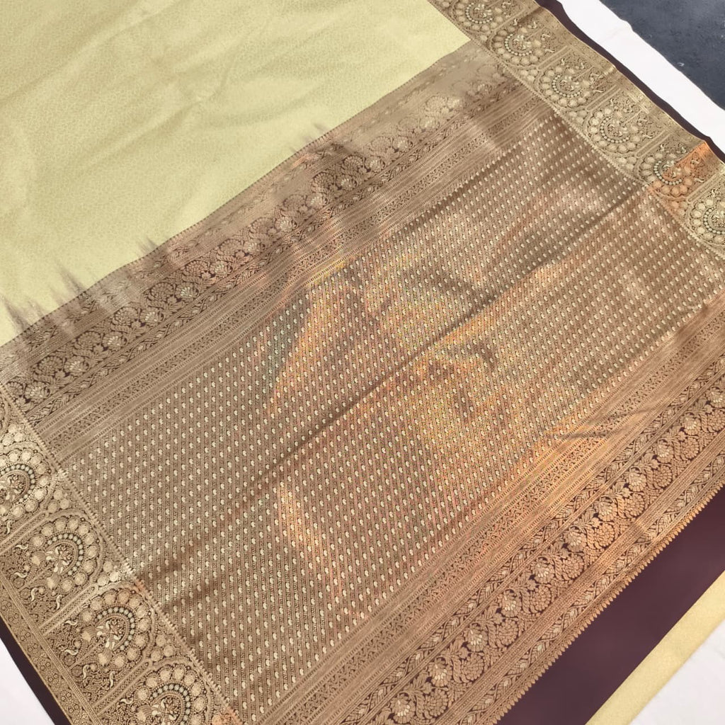 Semi Kanchipuram Brocade Silk Saree- Light Pista Green with Deep Chocolate