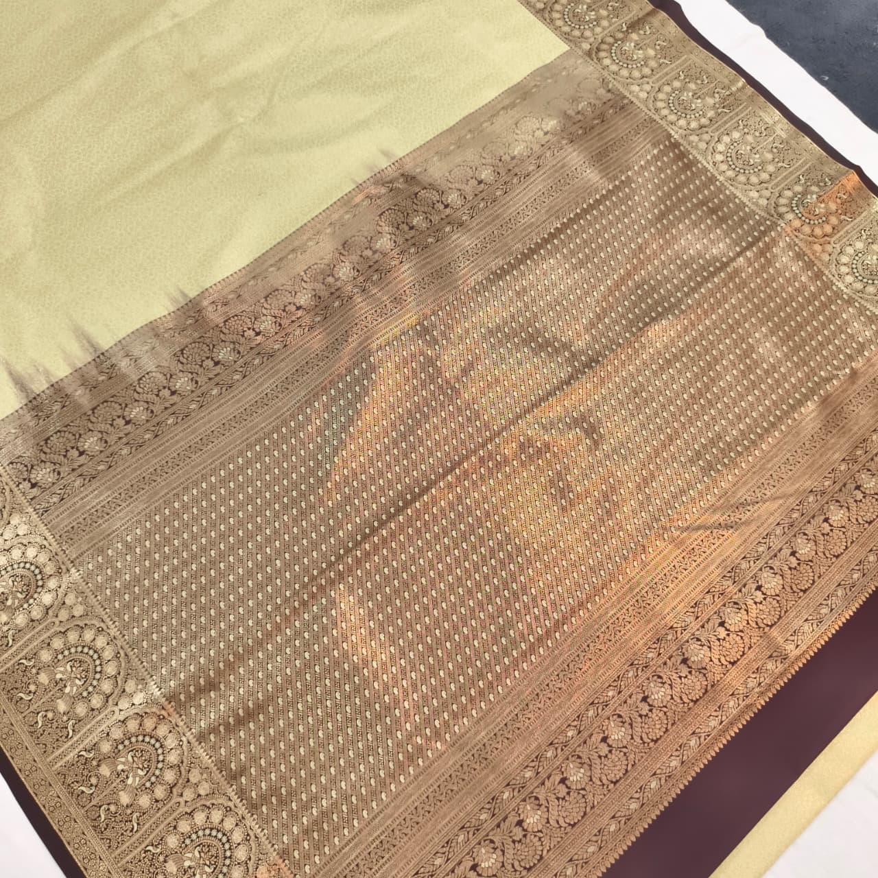 Semi Kanchipuram Brocade Silk Saree- Light Pista Green with Deep Chocolate