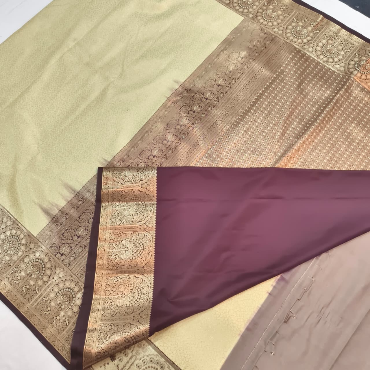 Semi Kanchipuram Brocade Silk Saree- Light Pista Green with Deep Chocolate