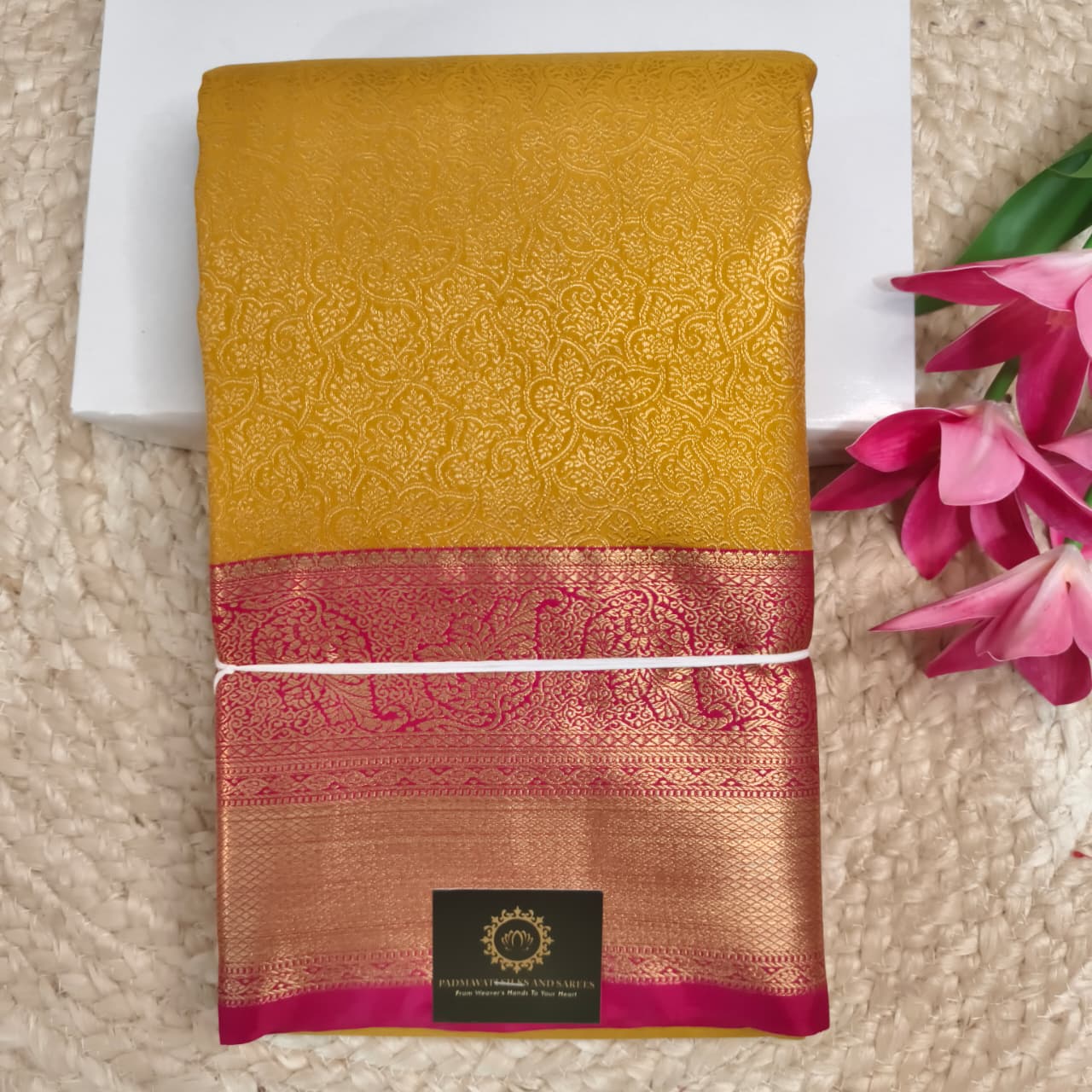 Semi Kanchipuram Brocade Silk Saree- Mustard yellow with Rani Pink