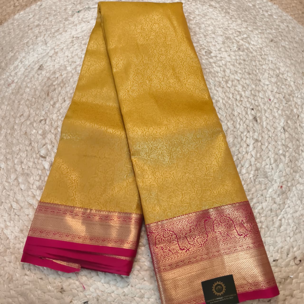 Semi Kanchipuram Brocade Silk Saree- Mustard yellow with Rani Pink