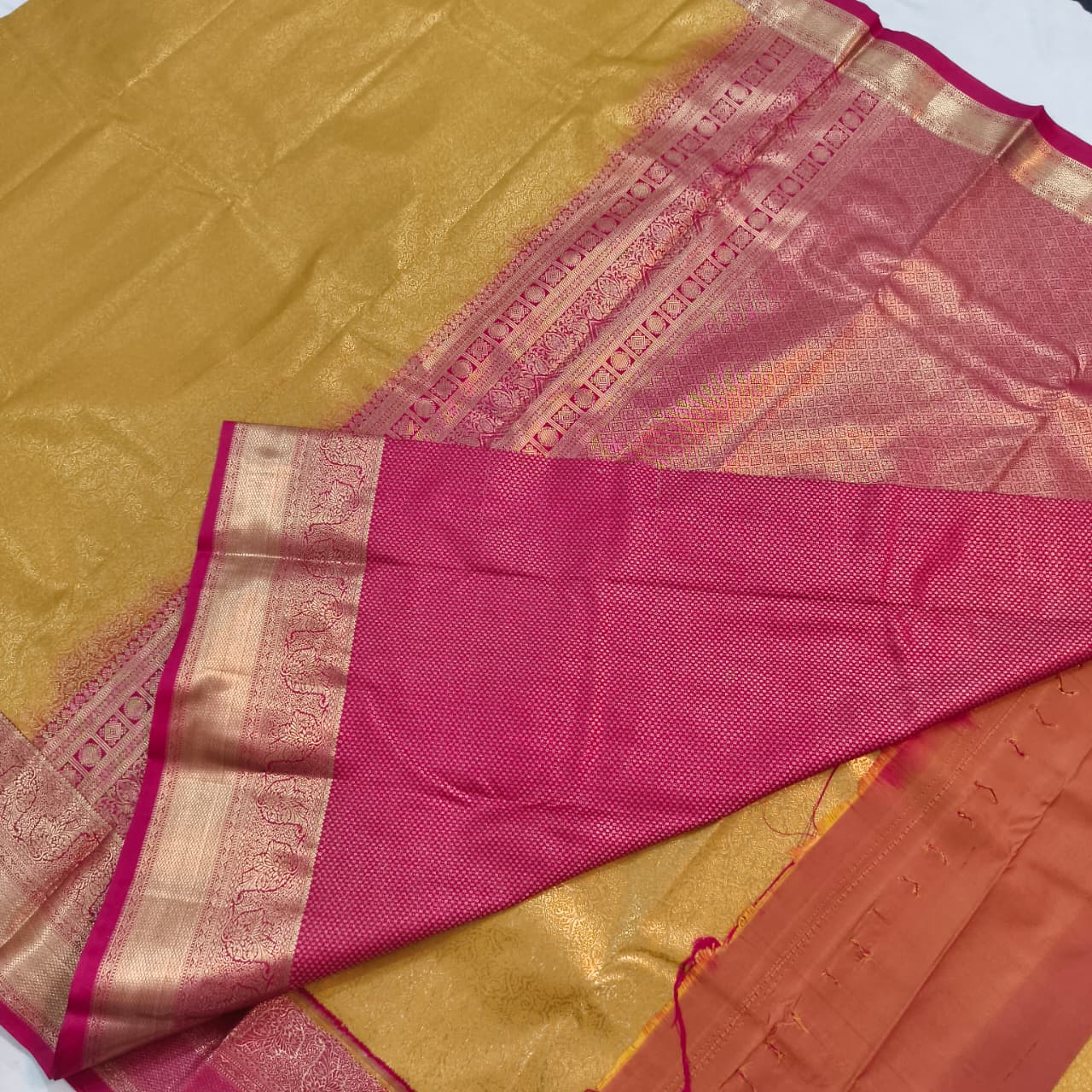 Semi Kanchipuram Brocade Silk Saree- Mustard yellow with Rani Pink