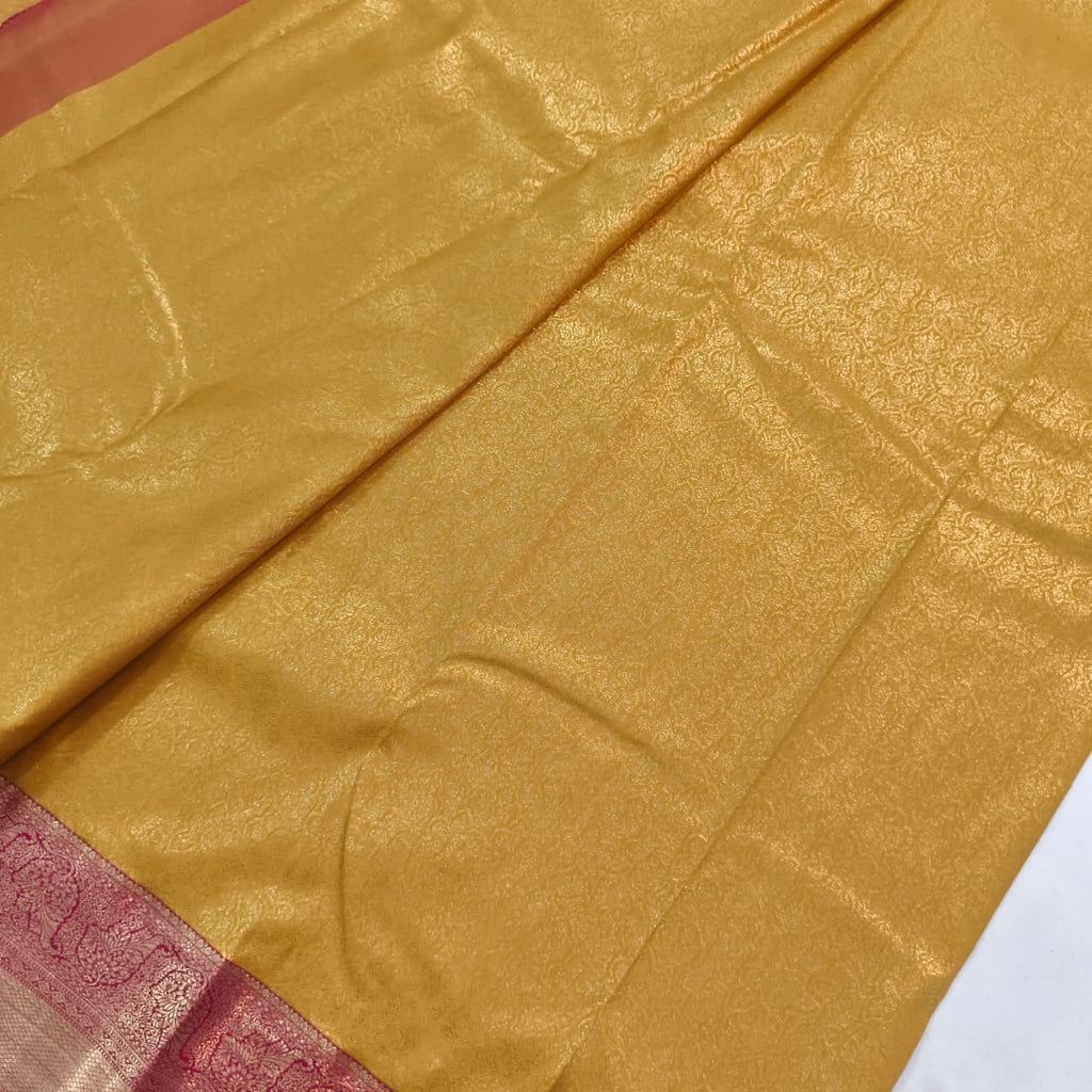 Semi Kanchipuram Brocade Silk Saree- Mustard yellow with Rani Pink