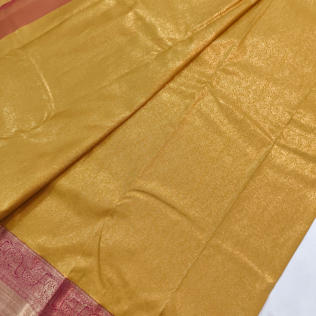 Semi Kanchipuram Brocade Silk Saree- Mustard yellow with Rani Pink