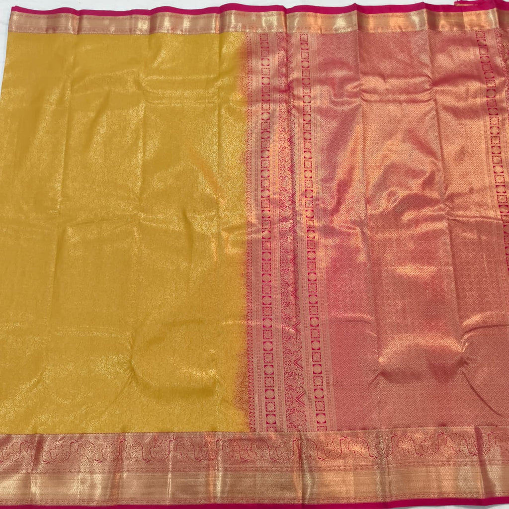 Semi Kanchipuram Brocade Silk Saree- Mustard yellow with Rani Pink