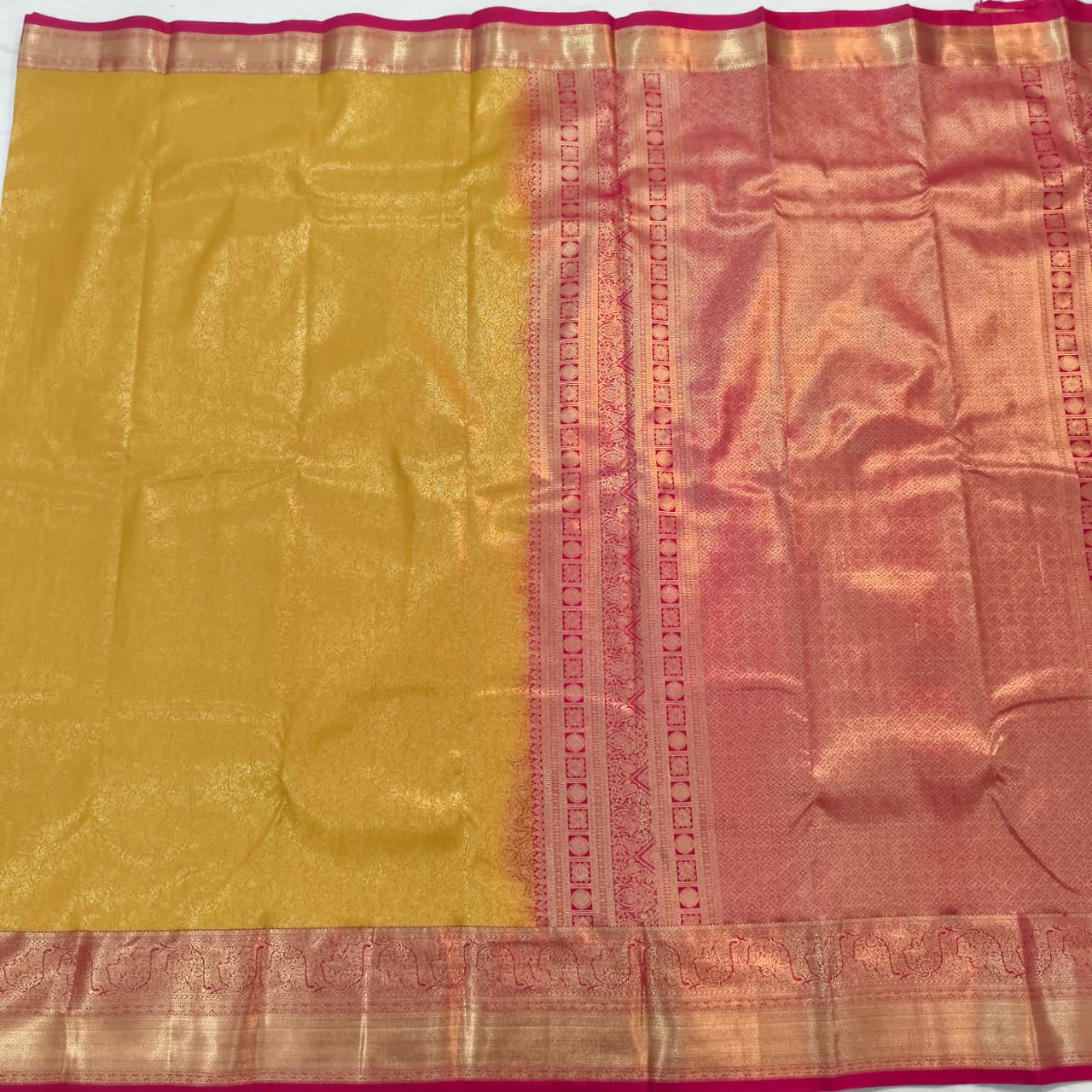 Semi Kanchipuram Brocade Silk Saree- Mustard yellow with Rani Pink