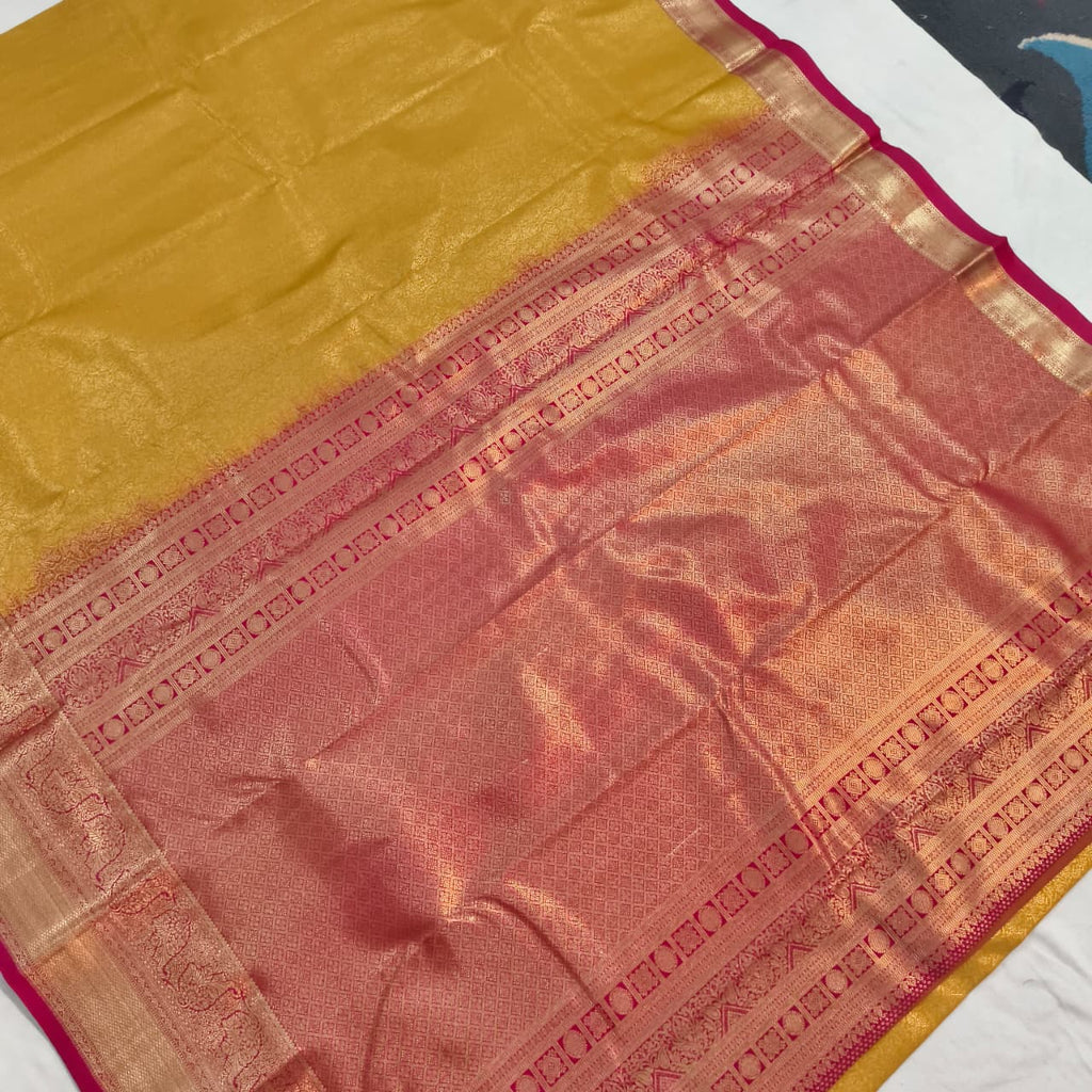 Semi Kanchipuram Brocade Silk Saree- Mustard yellow with Rani Pink