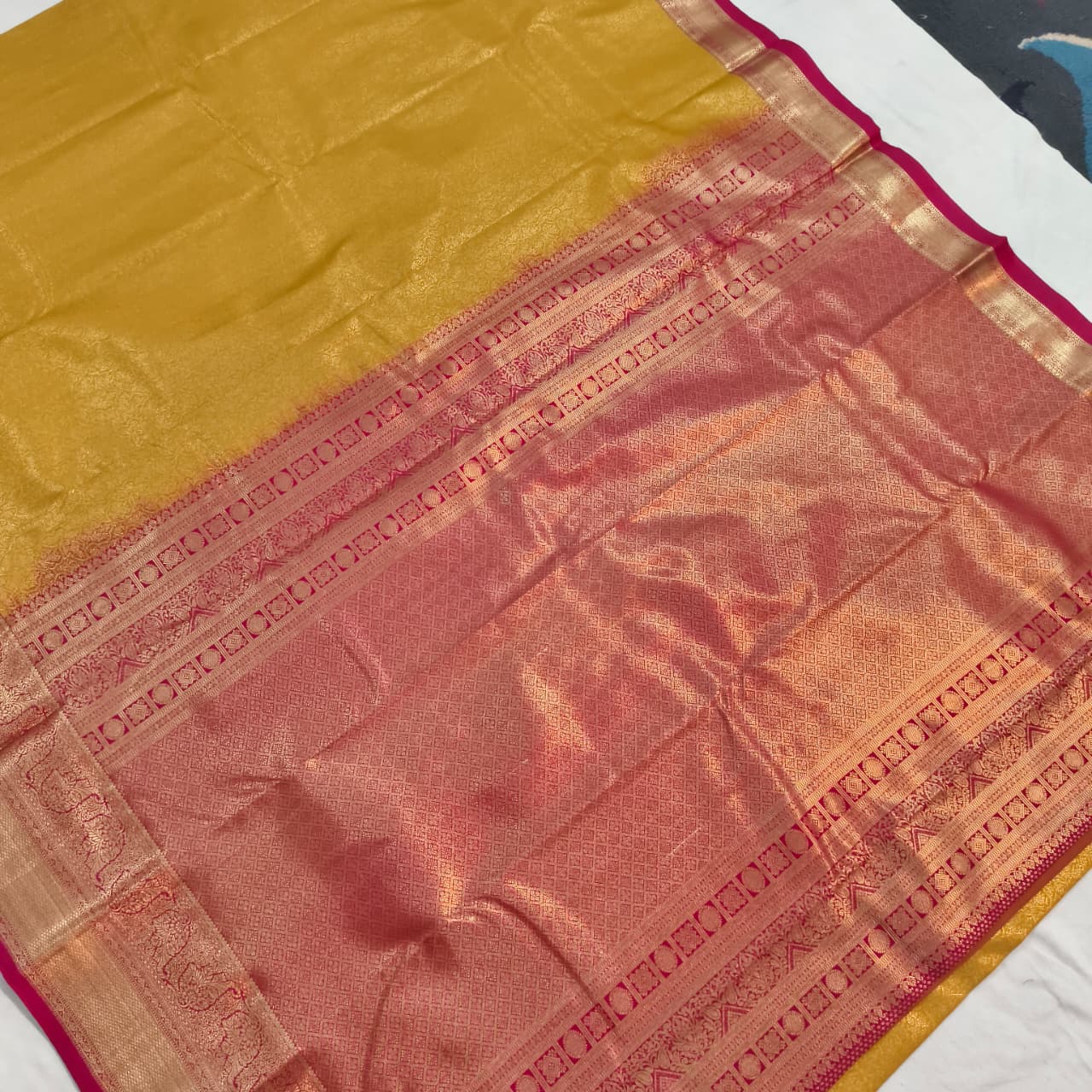 Semi Kanchipuram Brocade Silk Saree- Mustard yellow with Rani Pink